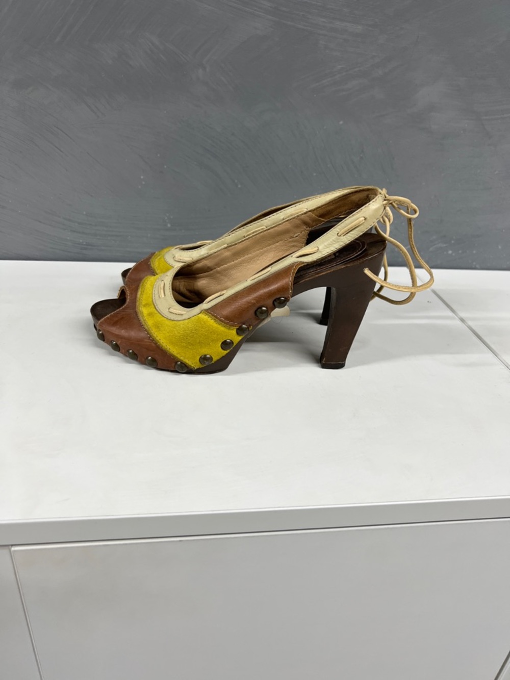 Marni Brown Yellow Peep-Toe Clogs